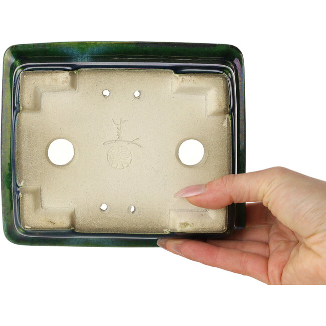Rechthoekige groen met blauw accent bonsaipot van Terahata Satomi Mazan - 165 x 135 x 65 mm