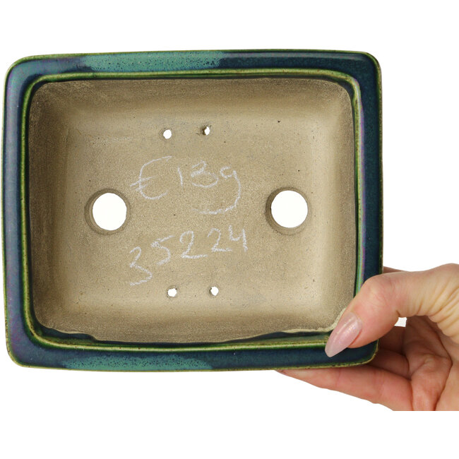 Rectangular green with a blue accent bonsai pot by Terahata Satomi Mazan - 165 x 135 x 65 mm