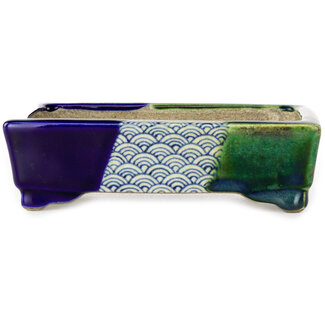  Satomi Mazan, Mazan Terahata Maceta rectangular para bonsái en azul y verde de 150 mm de Terahata Satomi Mazan, Tokoname, Japón