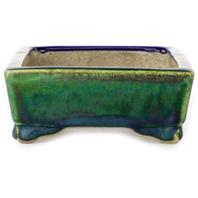 Rectangular blue and green bonsai pot by Terahata Satomi Mazan - 150 x 108 x 43 mm