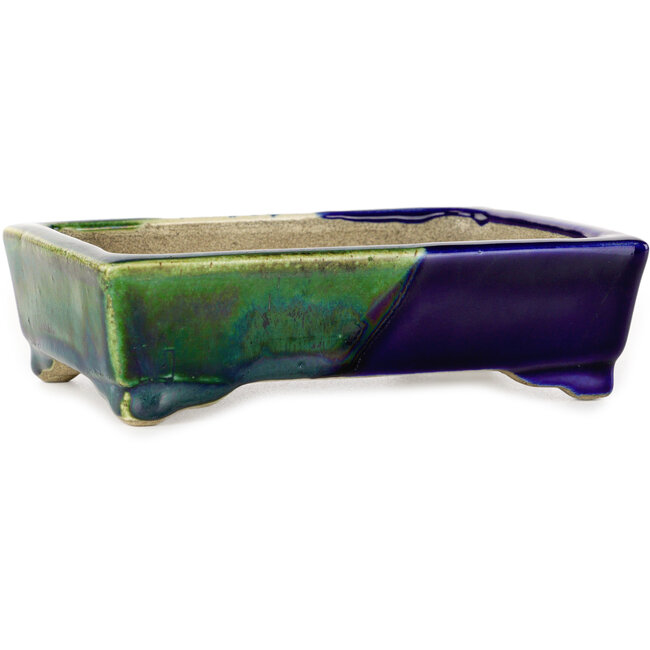 Rectangular blue and green bonsai pot by Terahata Satomi Mazan - 150 x 108 x 43 mm