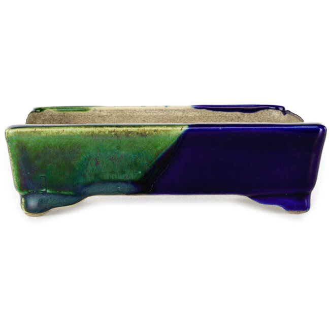 Rectangular blue and green bonsai pot by Terahata Satomi Mazan - 150 x 108 x 43 mm
