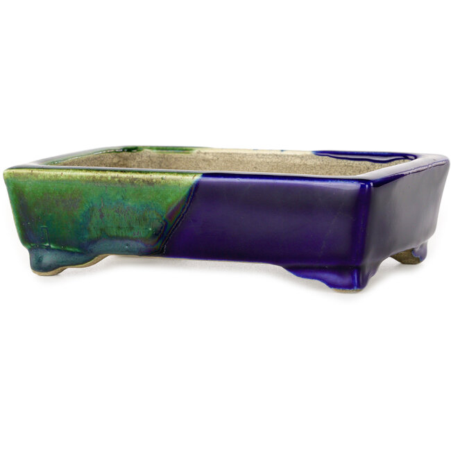 Pot à bonsaï rectangulaire bleu et vert par Terahata Satomi Mazan - 150 x 108 x 43 mm