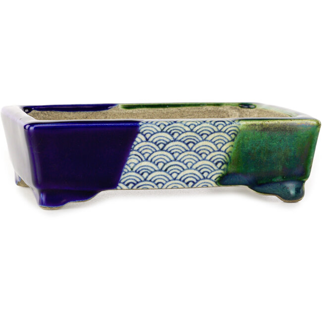 Rectangular blue and green bonsai pot by Terahata Satomi Mazan - 150 x 108 x 43 mm