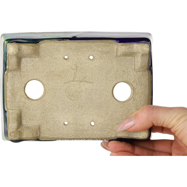 Rechteckiger blauer und grüner Bonsaitopf von Terahata Satomi Mazan – 150 x 108 x 43 mm