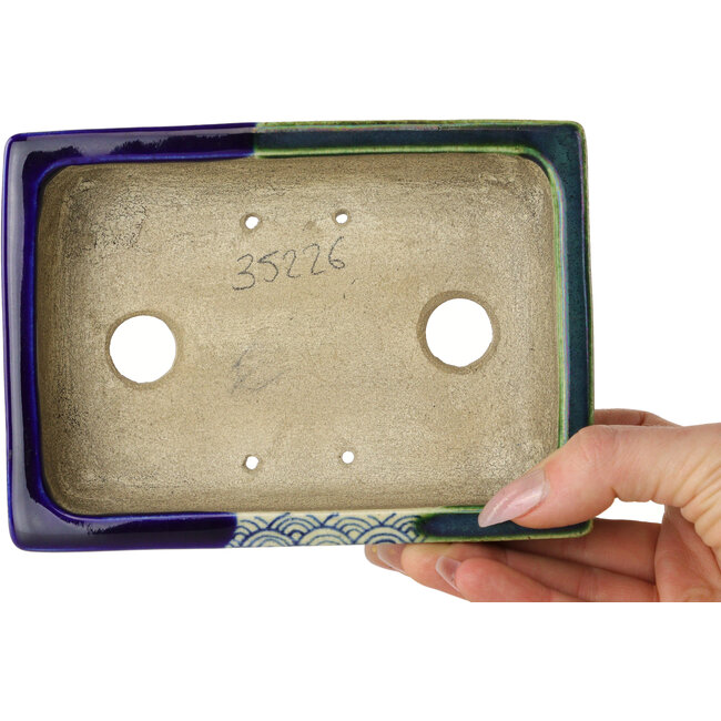 Maceta rectangular para bonsái azul y verde de Terahata Satomi Mazan - 150 x 108 x 43 mm
