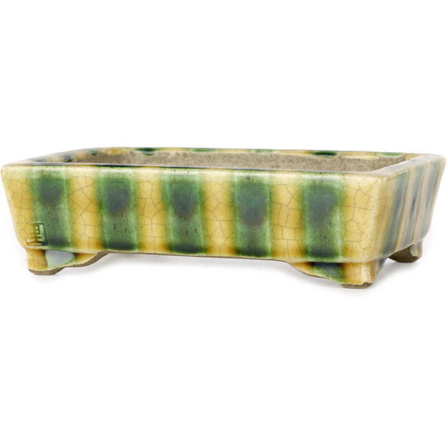 Rectangular yellow and green bonsai pot by Terahata Satomi Mazan - 150 x 108 x 43 mm