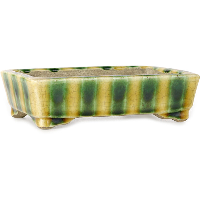 Pot à bonsaï rectangulaire jaune et vert par Terahata Satomi Mazan - 150 x 108 x 43 mm