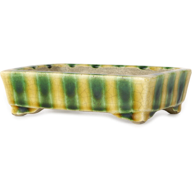 Vaso bonsai rettangolare giallo e verde di Terahata Satomi Mazan - 150 x 108 x 43 mm