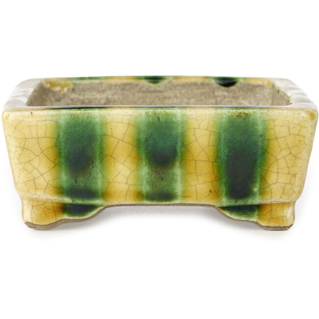 Maceta rectangular para bonsái amarilla y verde de Terahata Satomi Mazan - 150 x 108 x 43 mm