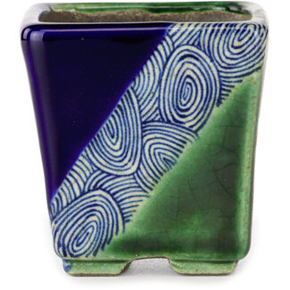  Satomi Mazan, Mazan Terahata Pot à bonsaï carré bleu et vert de 63 mm par Terahata Satomi Mazan, Tokoname, Japon