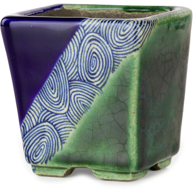 Pot à bonsaï carré bleu et vert par Terahata Satomi Mazan - 63 x 63 x 68 mm