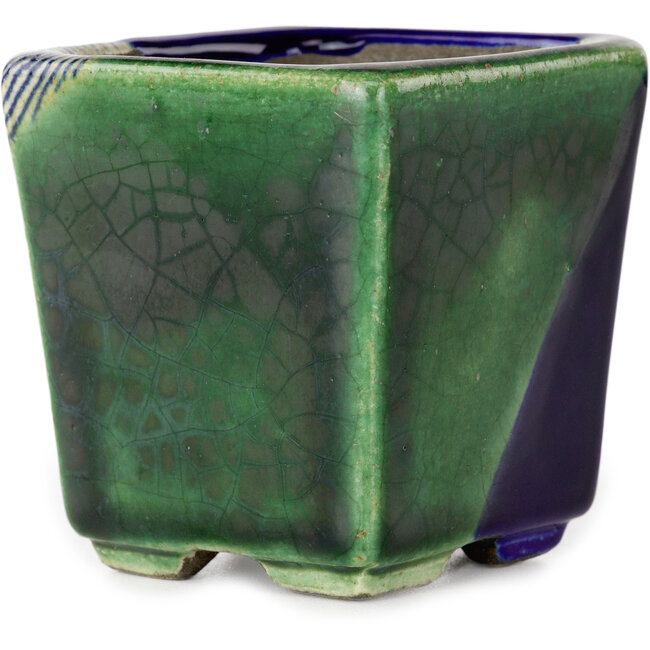 Square blue and green bonsai pot by Terahata Satomi Mazan - 63 x 63 x 68 mm