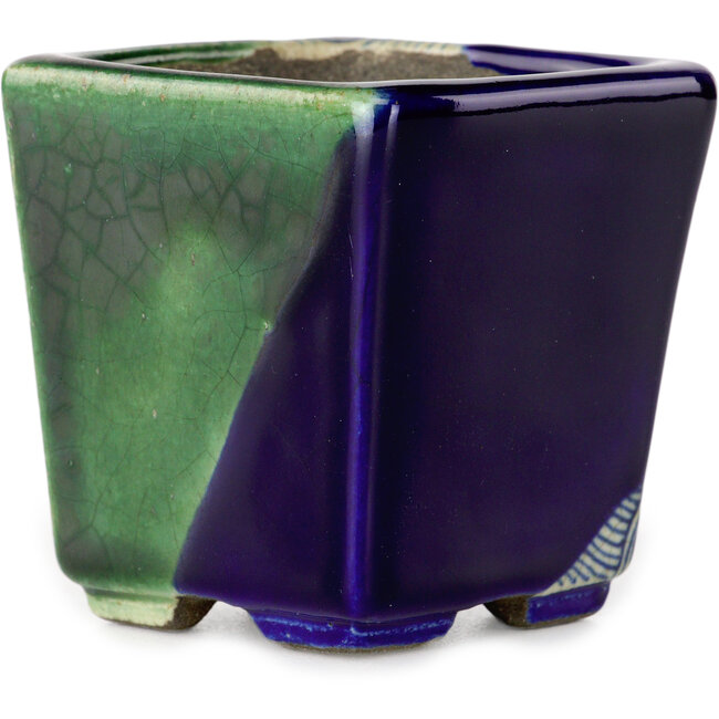Pot à bonsaï carré bleu et vert par Terahata Satomi Mazan - 63 x 63 x 68 mm