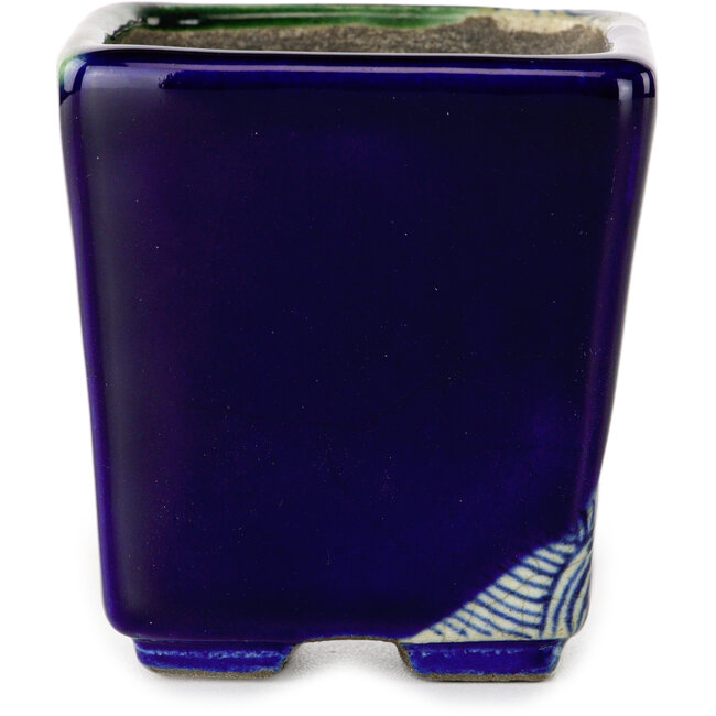 Square blue and green bonsai pot by Terahata Satomi Mazan - 63 x 63 x 68 mm