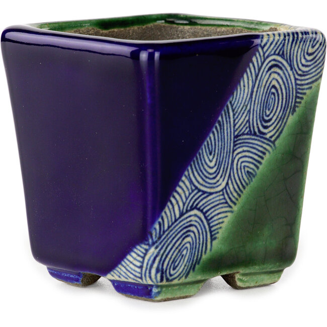 Square blue and green bonsai pot by Terahata Satomi Mazan - 63 x 63 x 68 mm