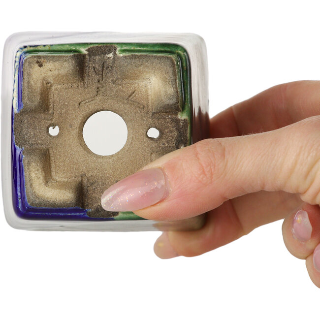 Quadratischer blauer und grüner Bonsaitopf von Terahata Satomi Mazan – 63 x 63 x 68 mm