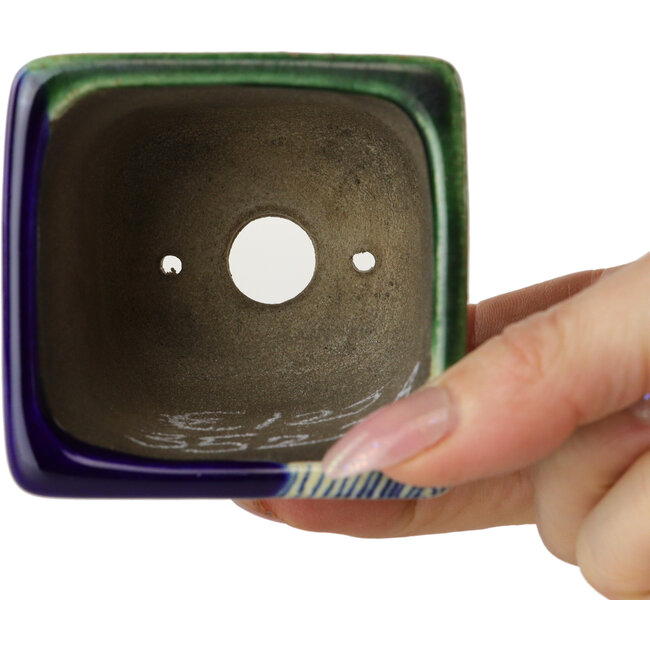 Square blue and green bonsai pot by Terahata Satomi Mazan - 63 x 63 x 68 mm
