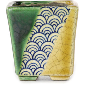  Satomi Mazan, Mazan Terahata 63 mm square green and yellow bonsai pot by Terahata Satomi Mazan, Tokoname, Japan