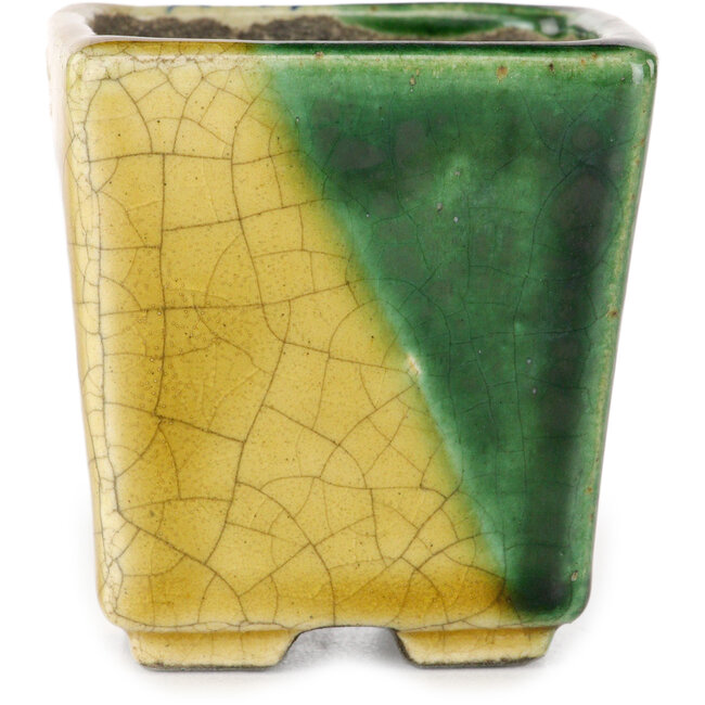 Vierkante groen en gele bonsaipot van Terahata Satomi Mazan - 63 x 63 x 68 mm