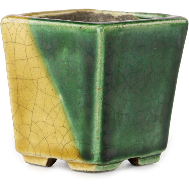 Square green and yellow bonsai pot by Terahata Satomi Mazan - 63 x 63 x 68 mm