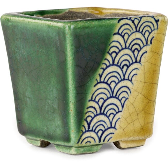 Maceta cuadrada para bonsái verde y amarilla de Terahata Satomi Mazan - 63 x 63 x 68 mm