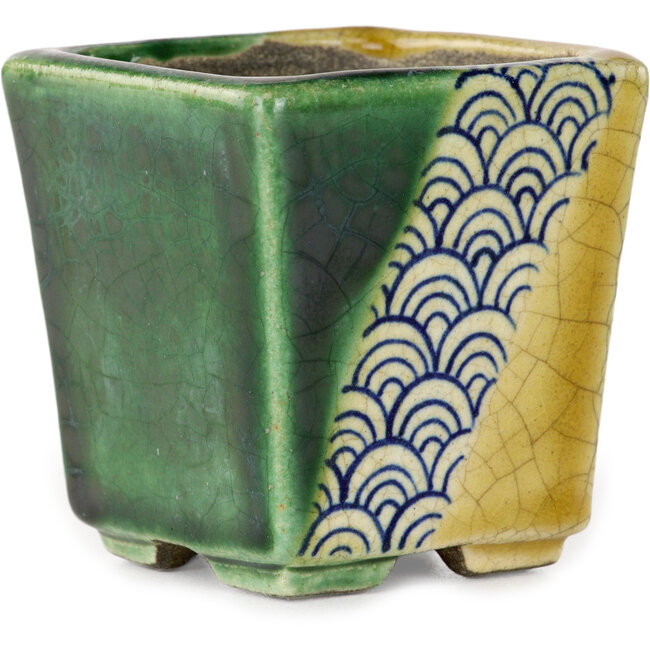 Pot à bonsaï carré vert et jaune par Terahata Satomi Mazan - 63 x 63 x 68 mm