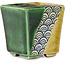 Square green and yellow bonsai pot by Terahata Satomi Mazan - 63 x 63 x 68 mm