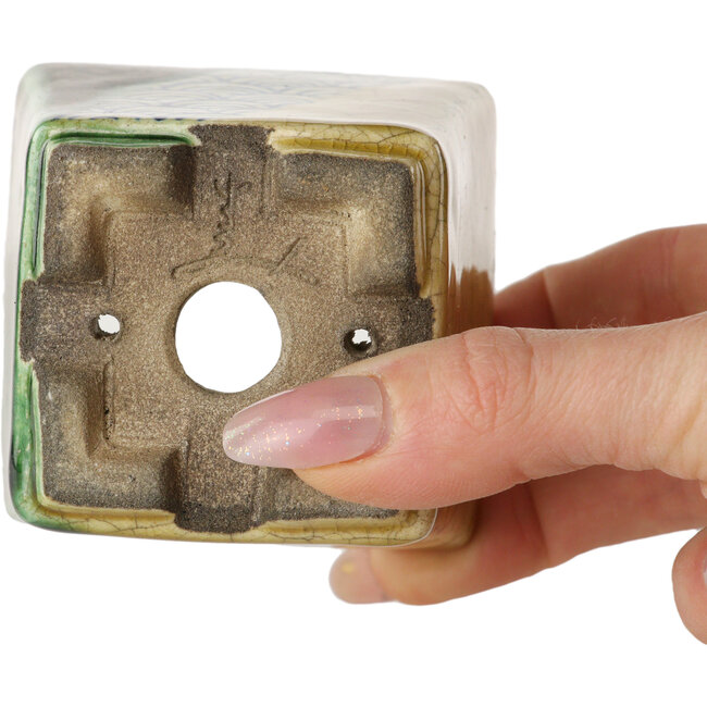 Square green and yellow bonsai pot by Terahata Satomi Mazan - 63 x 63 x 68 mm