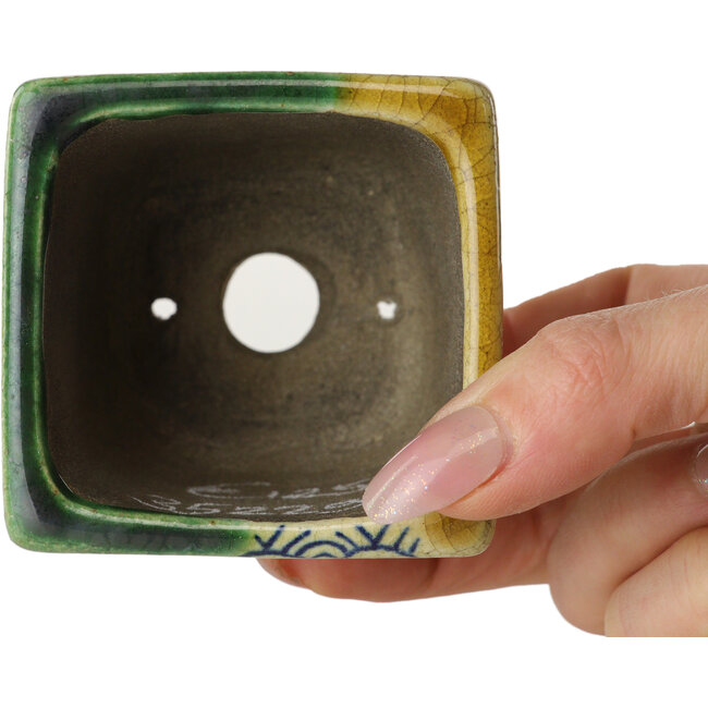 Vierkante groen en gele bonsaipot van Terahata Satomi Mazan - 63 x 63 x 68 mm