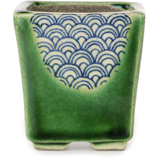  Satomi Mazan, Mazan Terahata 63 mm quadratischer grüner Bonsaitopf von Terahata Satomi Mazan, Tokoname, Japan