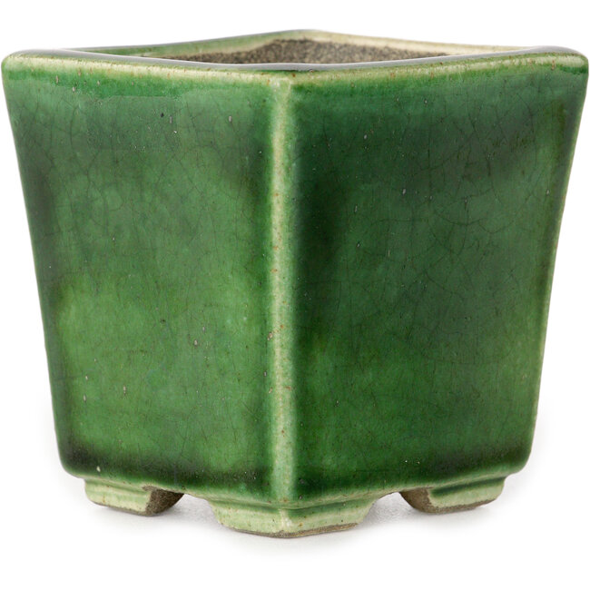 Square green bonsai pot by Terahata Satomi Mazan - 63 x 63 x 68 mm