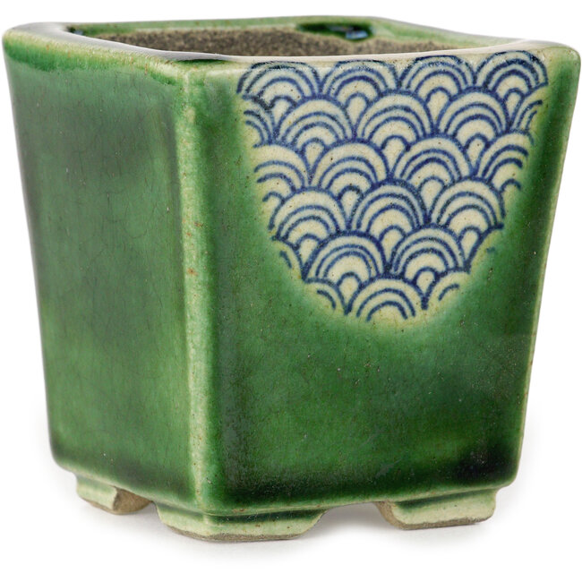 Square green bonsai pot by Terahata Satomi Mazan - 63 x 63 x 68 mm