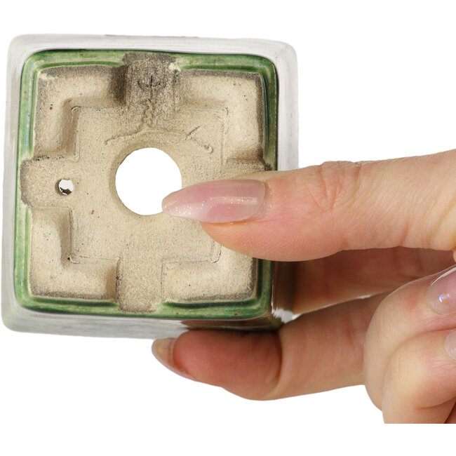 Quadratischer grüner Bonsaitopf von Terahata Satomi Mazan – 63 x 63 x 68 mm