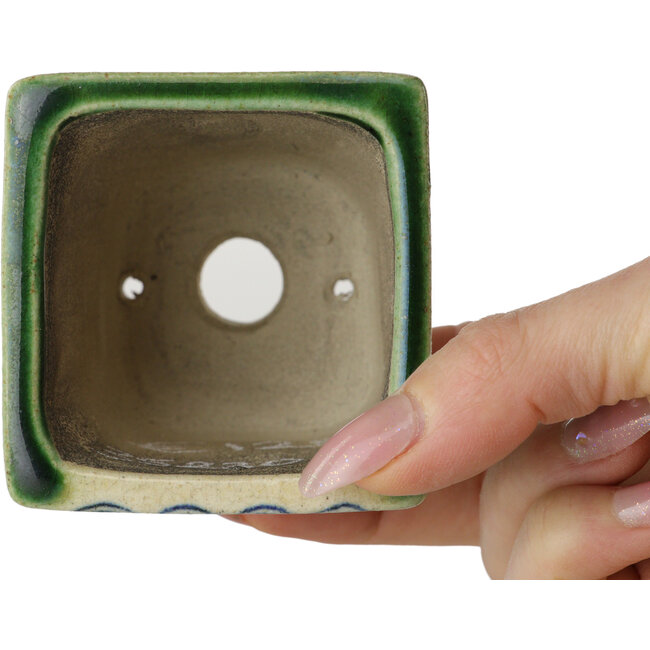 Square green bonsai pot by Terahata Satomi Mazan - 63 x 63 x 68 mm