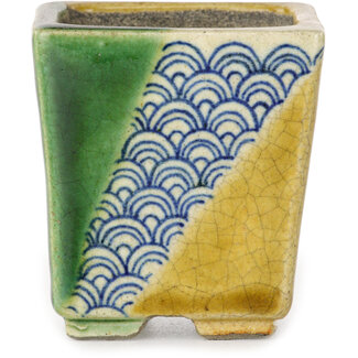  Satomi Mazan, Mazan Terahata Vaso bonsai quadrato verde e giallo da 63 mm di Terahata Satomi Mazan, Tokoname, Giappone