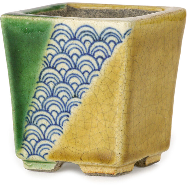 Maceta cuadrada para bonsái verde y amarilla de Terahata Satomi Mazan - 63 x 63 x 68 mm