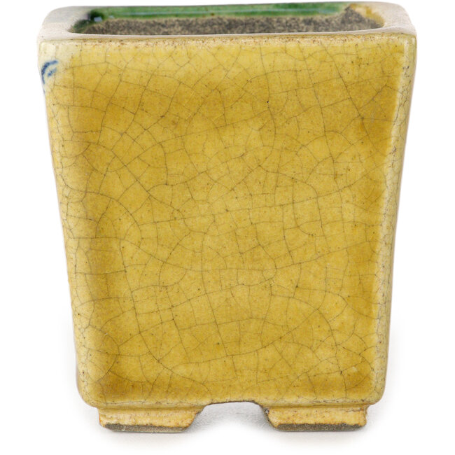 Maceta cuadrada para bonsái verde y amarilla de Terahata Satomi Mazan - 63 x 63 x 68 mm