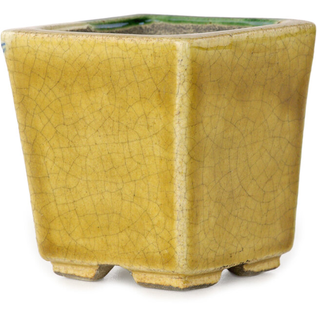 Vierkante groen en gele bonsaipot van Terahata Satomi Mazan - 63 x 63 x 68 mm