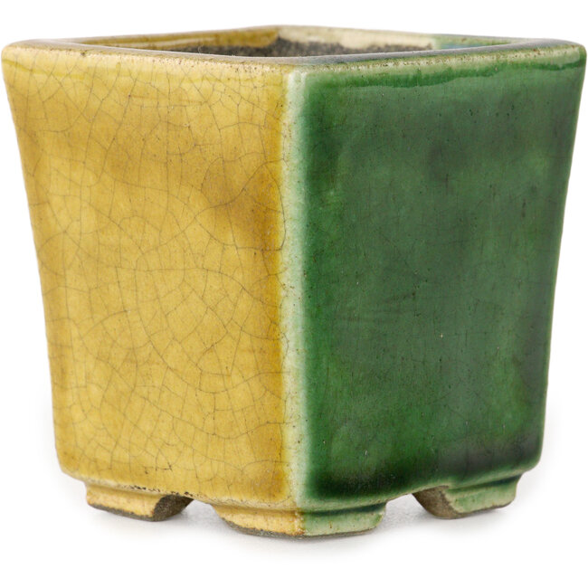 Maceta cuadrada para bonsái verde y amarilla de Terahata Satomi Mazan - 63 x 63 x 68 mm