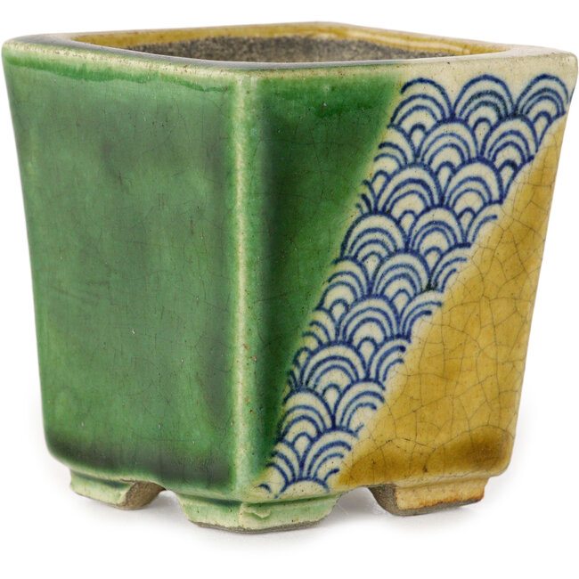 Vaso bonsai quadrato verde e giallo di Terahata Satomi Mazan - 63 x 63 x 68 mm