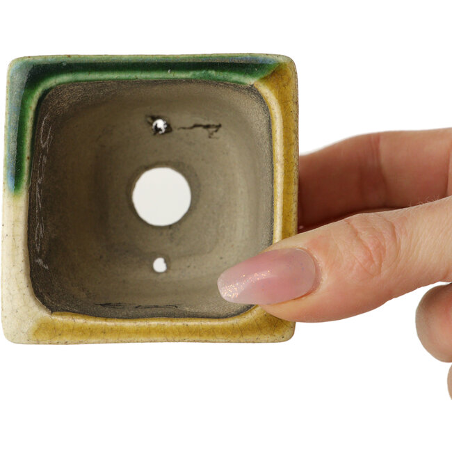 Square green and yellow bonsai pot by Terahata Satomi Mazan - 63 x 63 x 68 mm