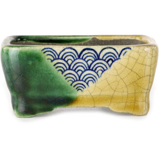  Satomi Mazan, Mazan Terahata Maceta rectangular para bonsái verde y amarilla de 85 mm de Terahata Satomi Mazan, Tokoname, Japón