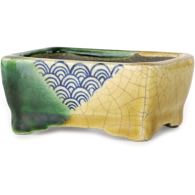 Maceta rectangular para bonsái verde y amarilla de Terahata Satomi Mazan - 85 x 62 x 38 mm