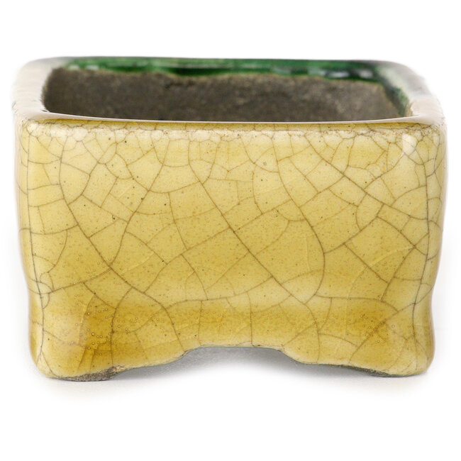 Rectangular green and yellow bonsai pot by Terahata Satomi Mazan - 85 x 62 x 38 mm