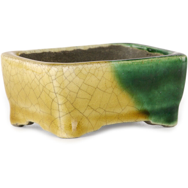 Maceta rectangular para bonsái verde y amarilla de Terahata Satomi Mazan - 85 x 62 x 38 mm