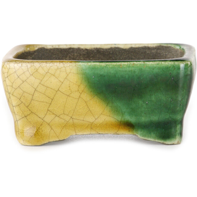 Rectangular green and yellow bonsai pot by Terahata Satomi Mazan - 85 x 62 x 38 mm