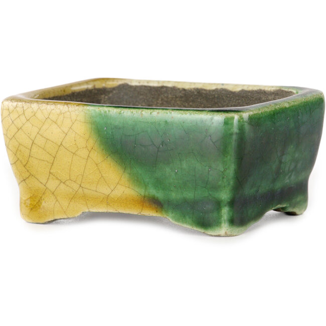 Pot à bonsaï rectangulaire vert et jaune par Terahata Satomi Mazan - 85 x 62 x 38 mm