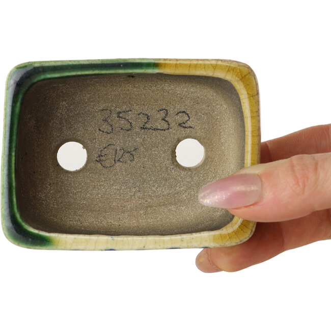 Vaso bonsai rettangolare verde e giallo di Terahata Satomi Mazan - 85 x 62 x 38 mm