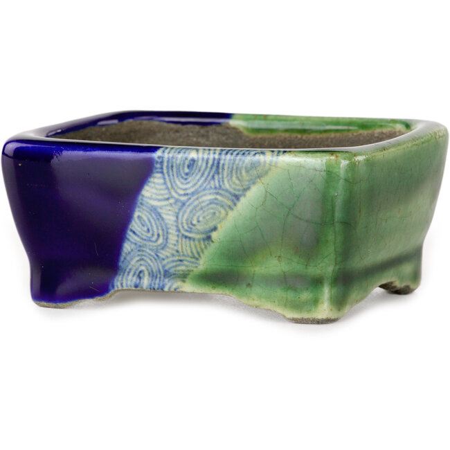 Vaso bonsai rettangolare verde e blu di Terahata Satomi Mazan - 85 x 62 x 38 mm
